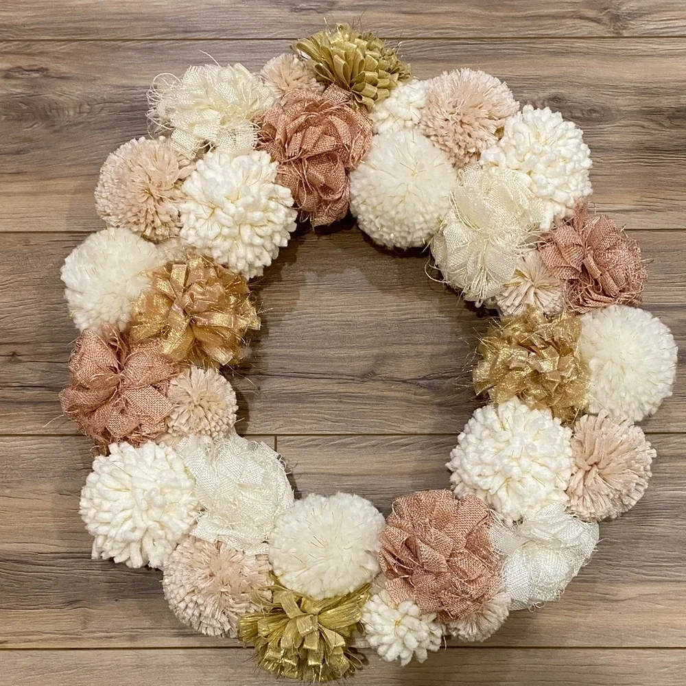 Neutral Holiday Pom-Pom Wreath with Gold Accents